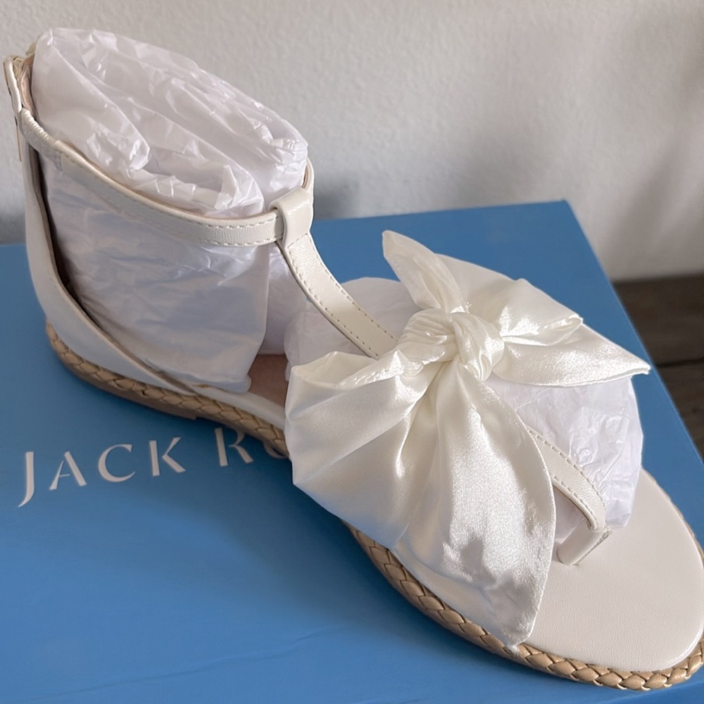 NIB [Jack Rogers] Heidi Satin Bow Accent T-Strap Zip Flat Sandals Women’s Sz 6 - Picture 7 of 14
